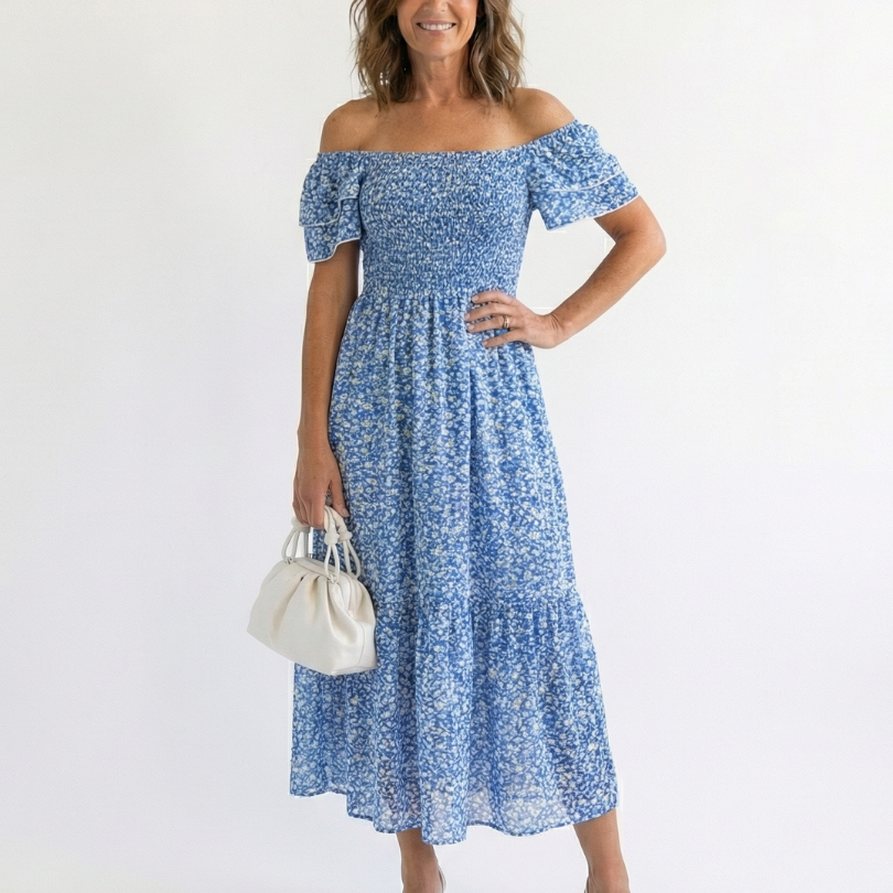 Odette | Midi Floral Dress with Off-Shoulder