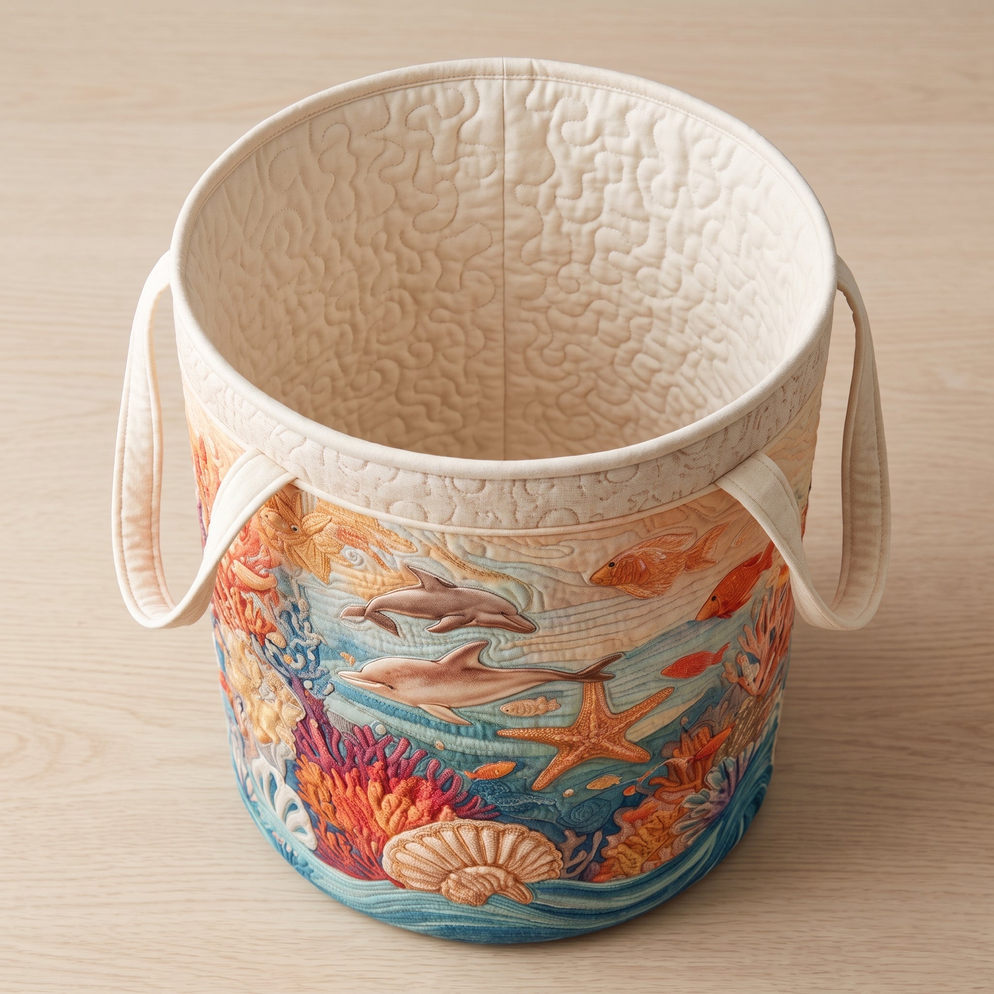 Sea Breeze hand-quilted laundry basket – a seaside scene (view 2)