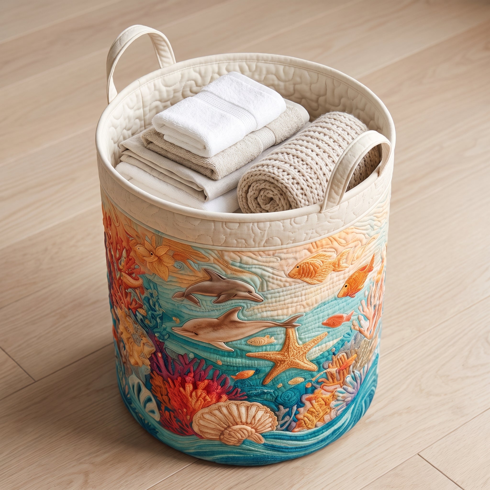 Sea Breeze hand-quilted laundry basket – a seaside scene (view 3)