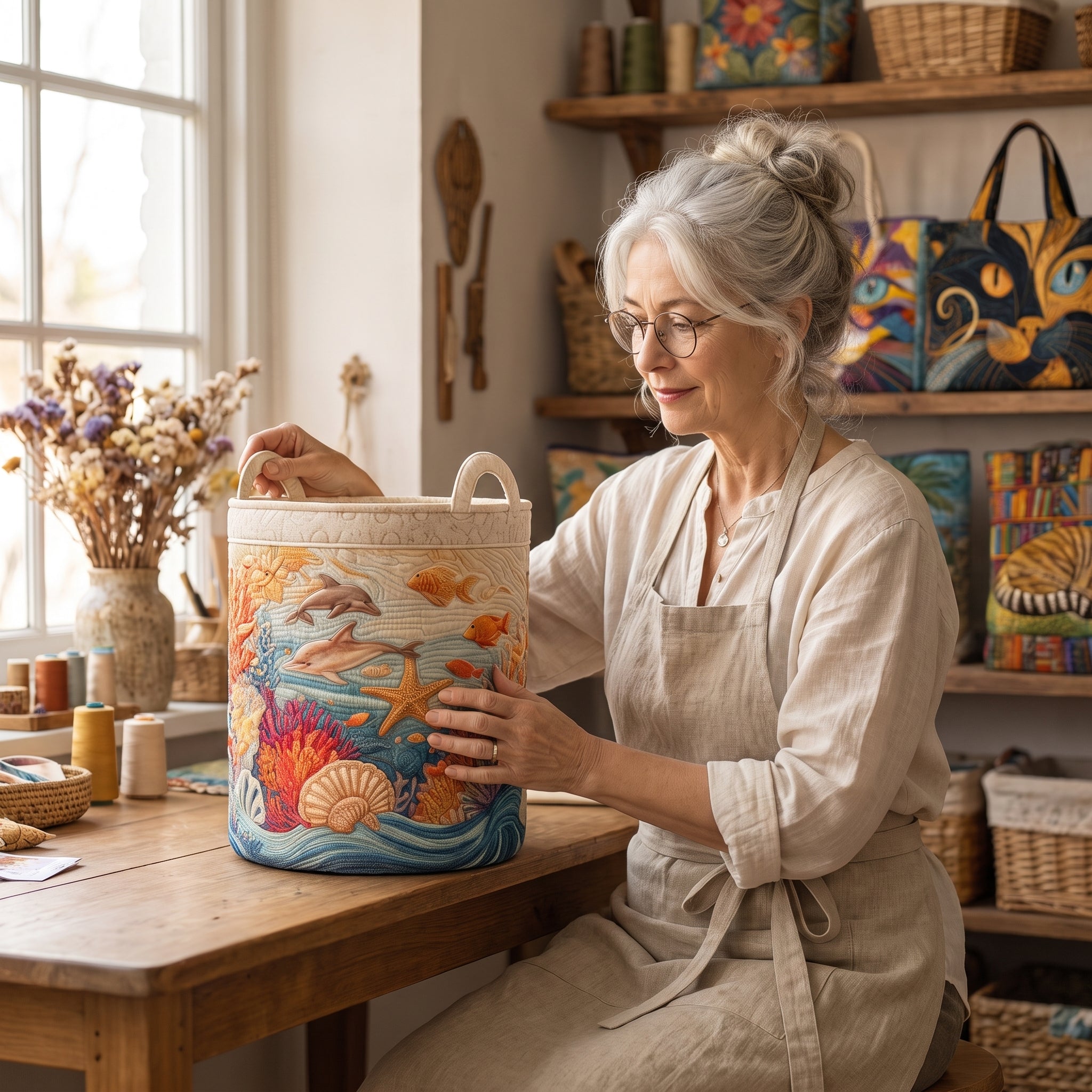 Sea Breeze hand-quilted laundry basket – a seaside scene (view 8)