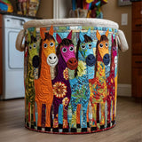 Llama Parade hand-quilted laundry basket – colourful llamas