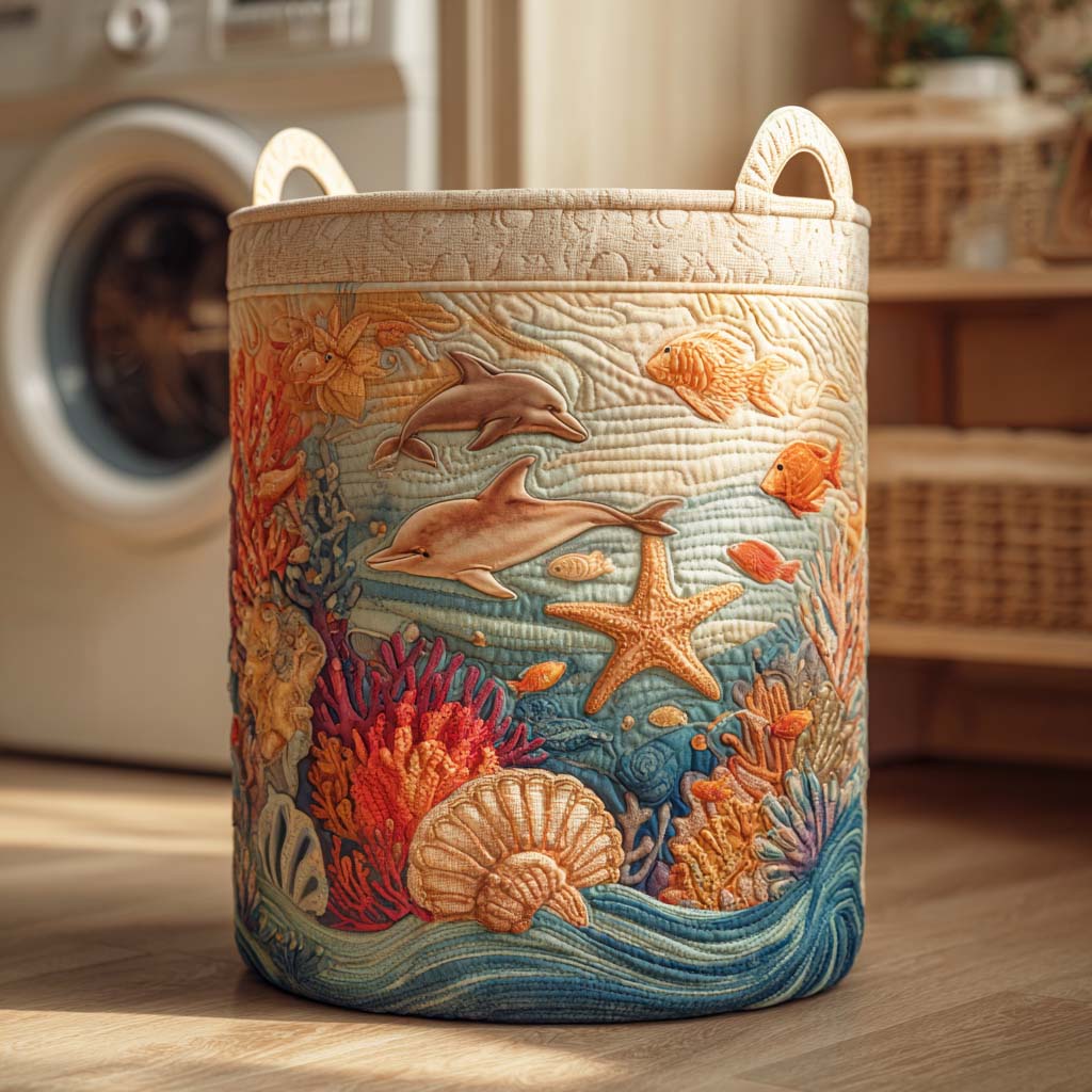Sea Breeze hand-quilted laundry basket – a seaside scene